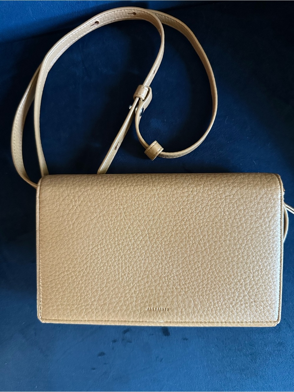 AllSaints Tan Pebbled Leather Crossbody Wallet Bag Snap Closure Adjustable Strap